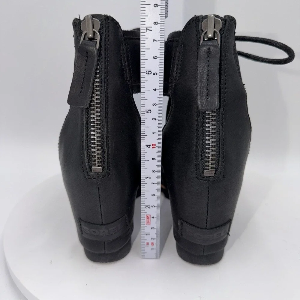 Sorel Joanie Black Leather Ankle Lace Up Wedge Heels Sandals Women's Size 9